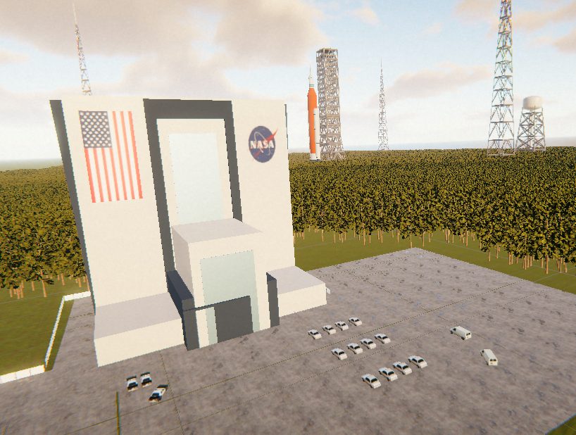Low-poly launch complex with a vehicle assembly building and rockets amid pine forest.