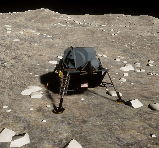Low-poly lander standing on a grey, cratered lunar surface.