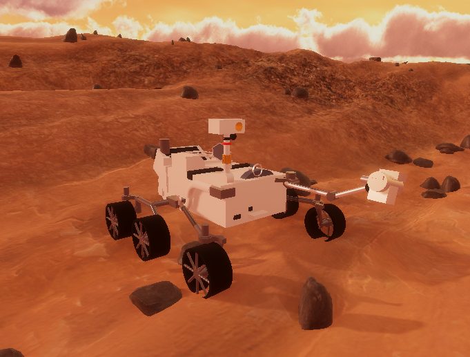 Low-poly rover on a red, rock-strewn Martian surface under an orange sky.