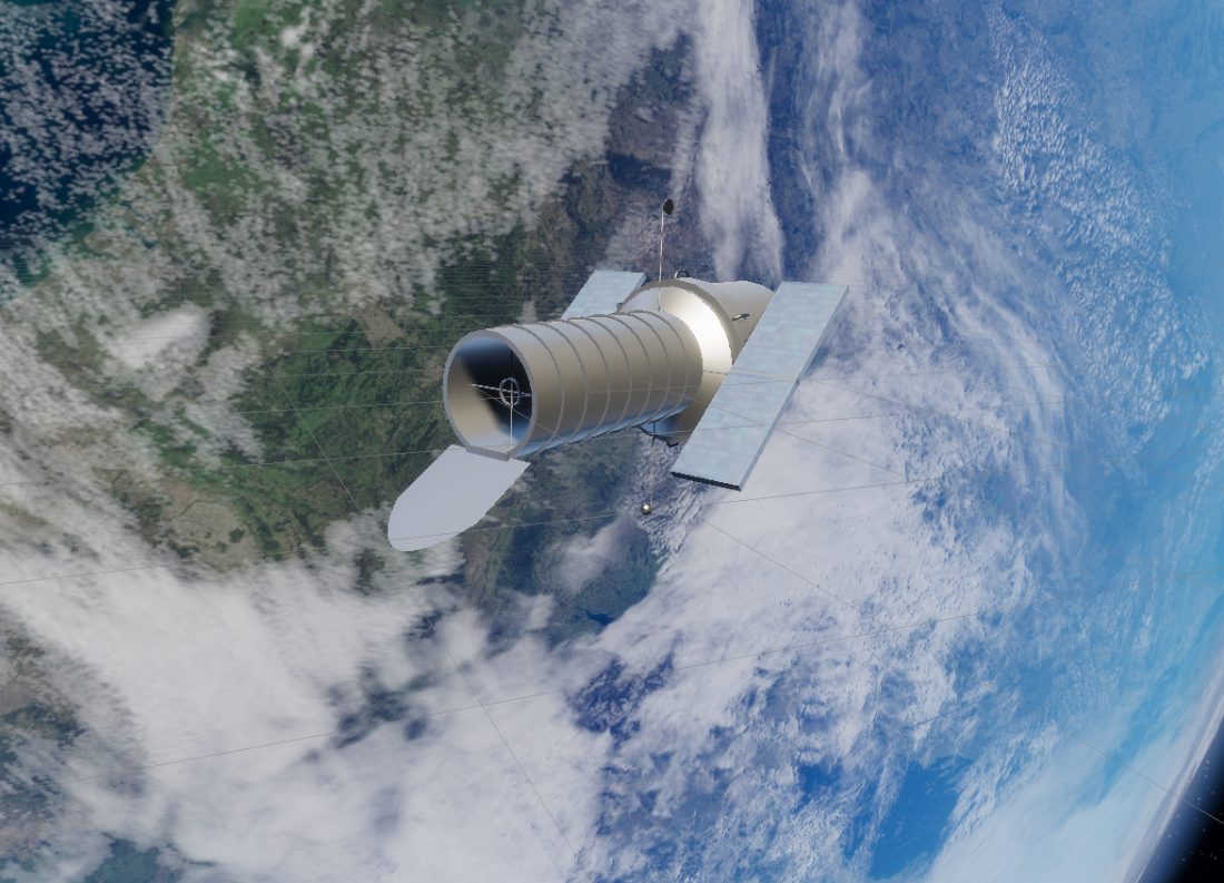 Orbital telescope in low Earth orbit above green land and cloud cover.