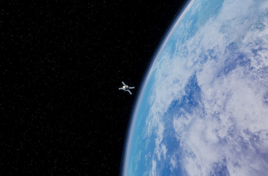 A small satellite station-keeping against the blue, cloud-wrapped limb of Earth.