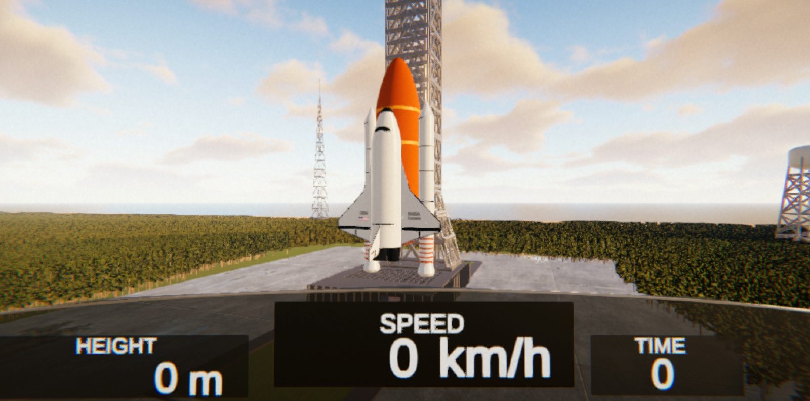 In-engine view of a low-poly launch vehicle on the pad with a live flight HUD reading height, speed and time.