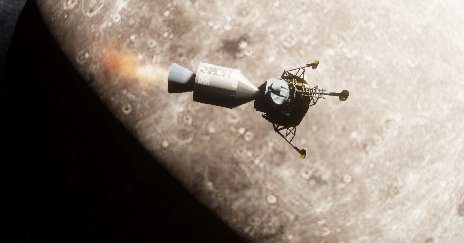 Low-poly spacecraft coasting above a cratered moon with an engine plume trailing.